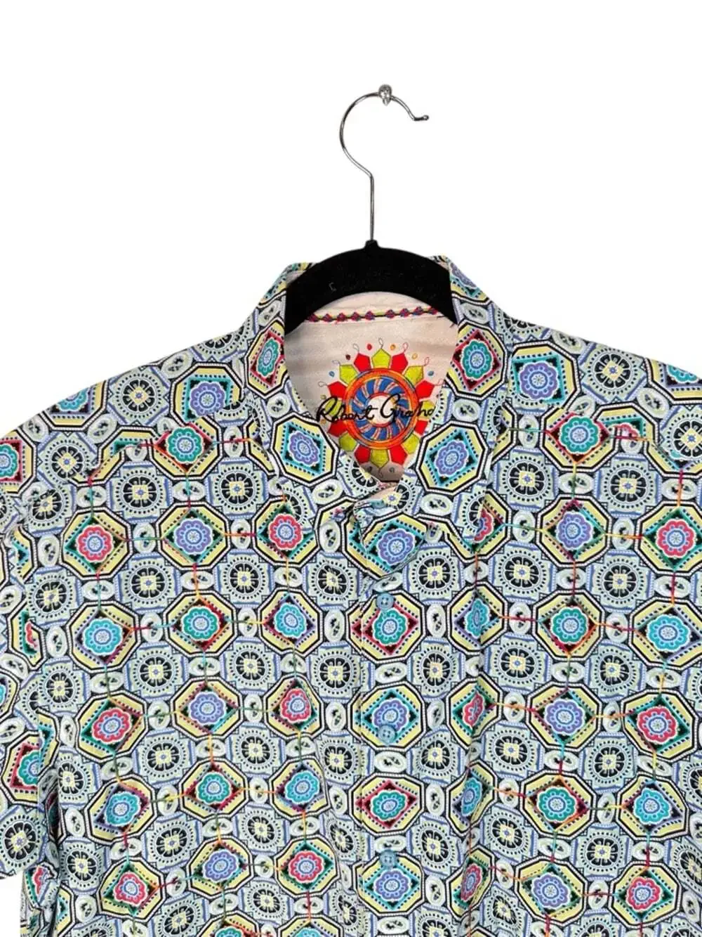 Robert Graham Blue Multi Geo Print Button Up Shirt Short Sleeve Large Luxury XL